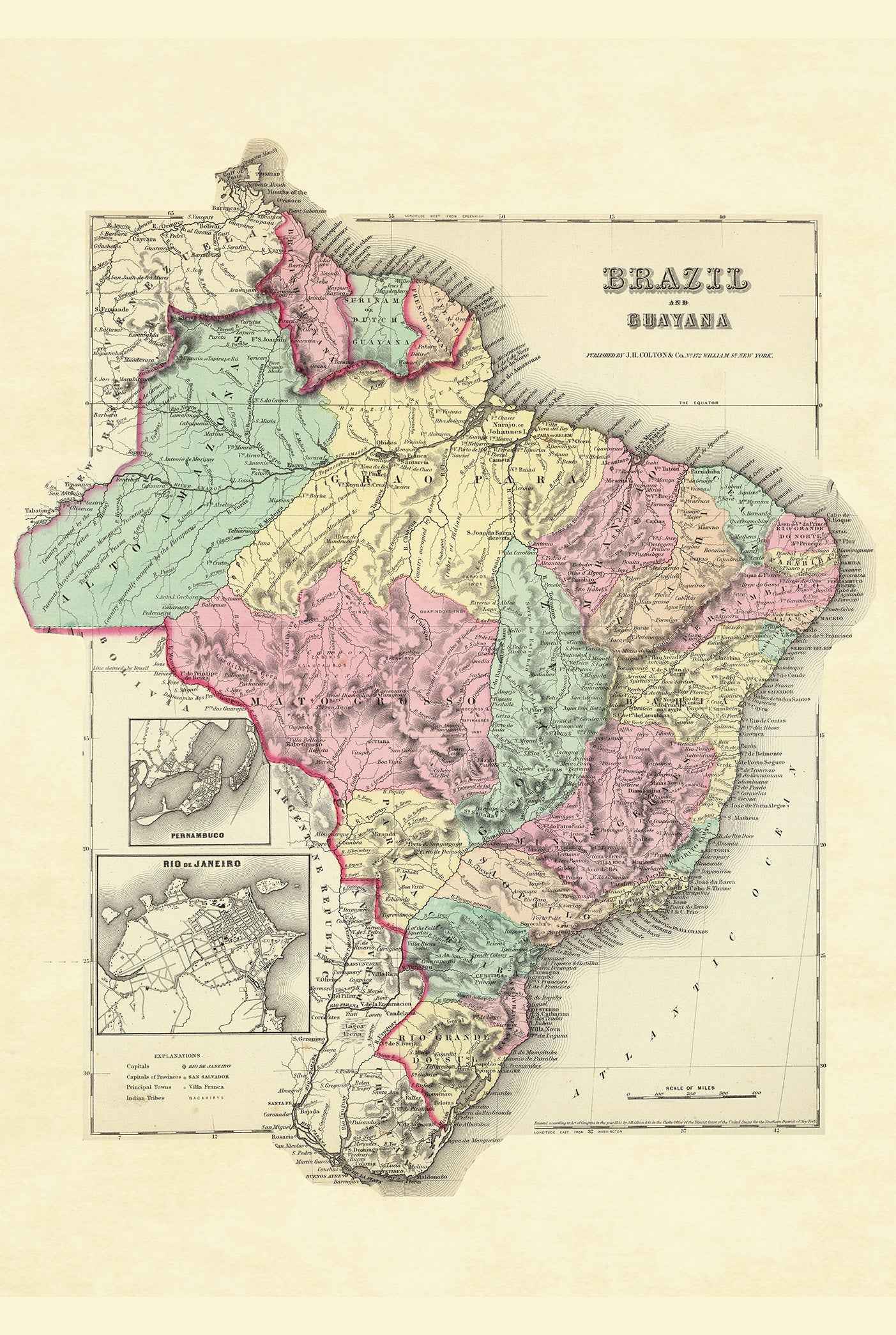 1856 Brazil and Guayana Map Poster - Hand-Colored Regions with Rio de Janeiro Detail - Strategy Maps